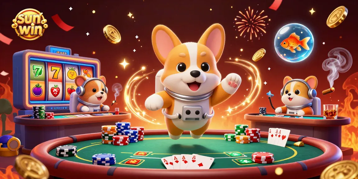 Experience thrilling gameplay at sun-win in this vibrant casino scene featuring floating poker elements and characters.