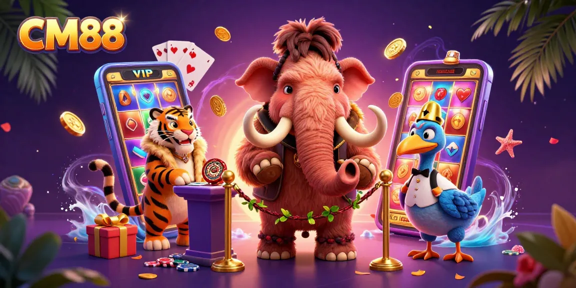 Experience thrilling gaming at CM88 with a vibrant scene featuring a mammoth casino bouncer and exciting gambling elements.
