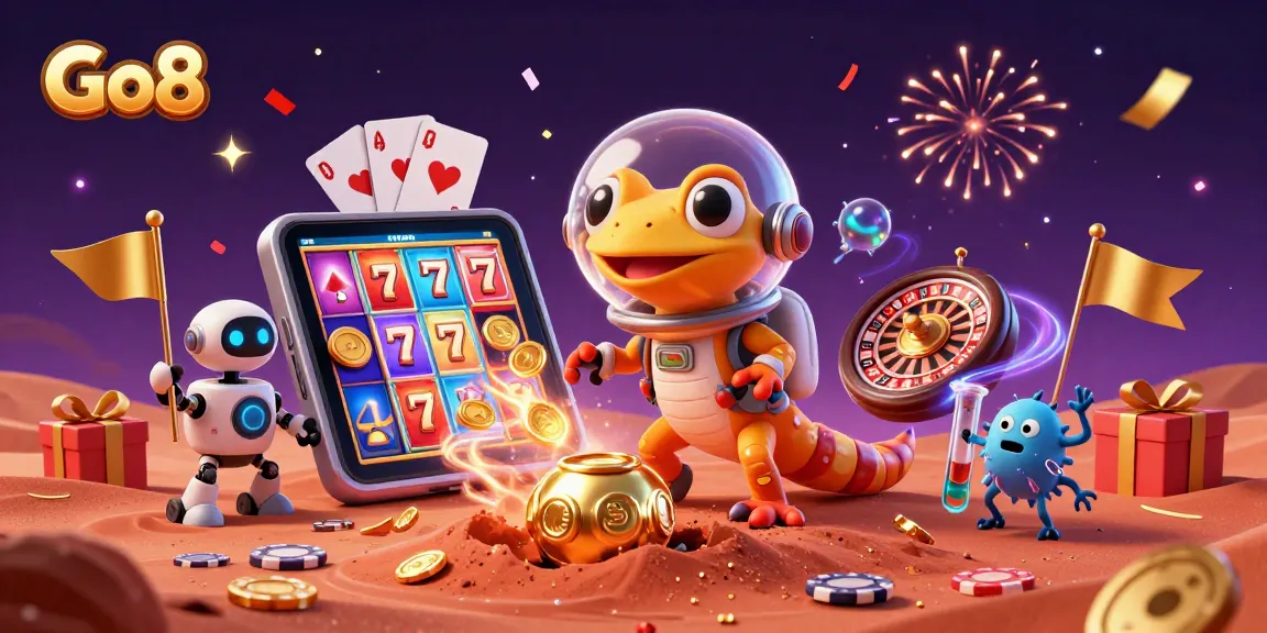 Go8 showcases a Martian gecko uncovering a vibrant casino amidst cosmic colors with slot games and golden coins.