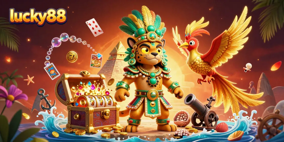 Experience the excitement of lucky88 with this vibrant, action-packed 3D casino scene featuring Mayan symbols and treasures.