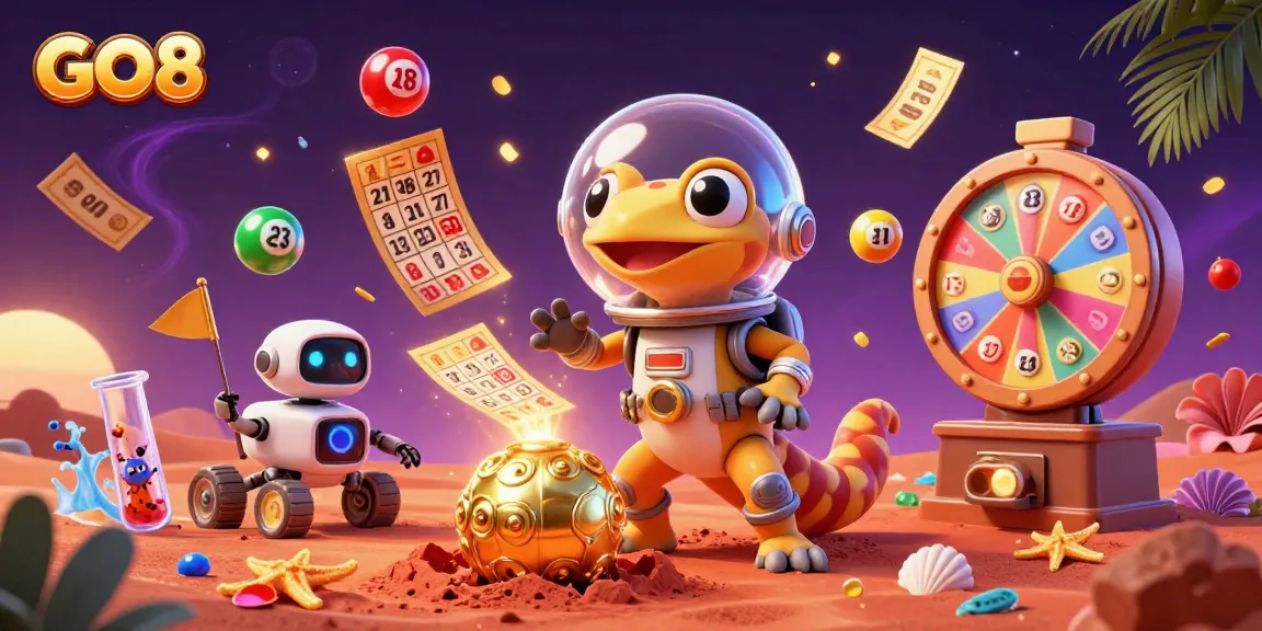 Feeling the thrill with GO8 lottery excitement, a Martian gecko explores a golden casino.
