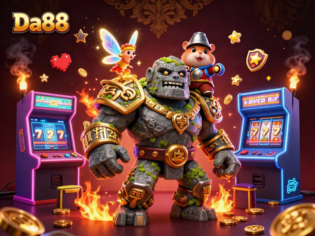 Experience the excitement of Da88 with slot games and enchanting characters in a vibrant casino scene.