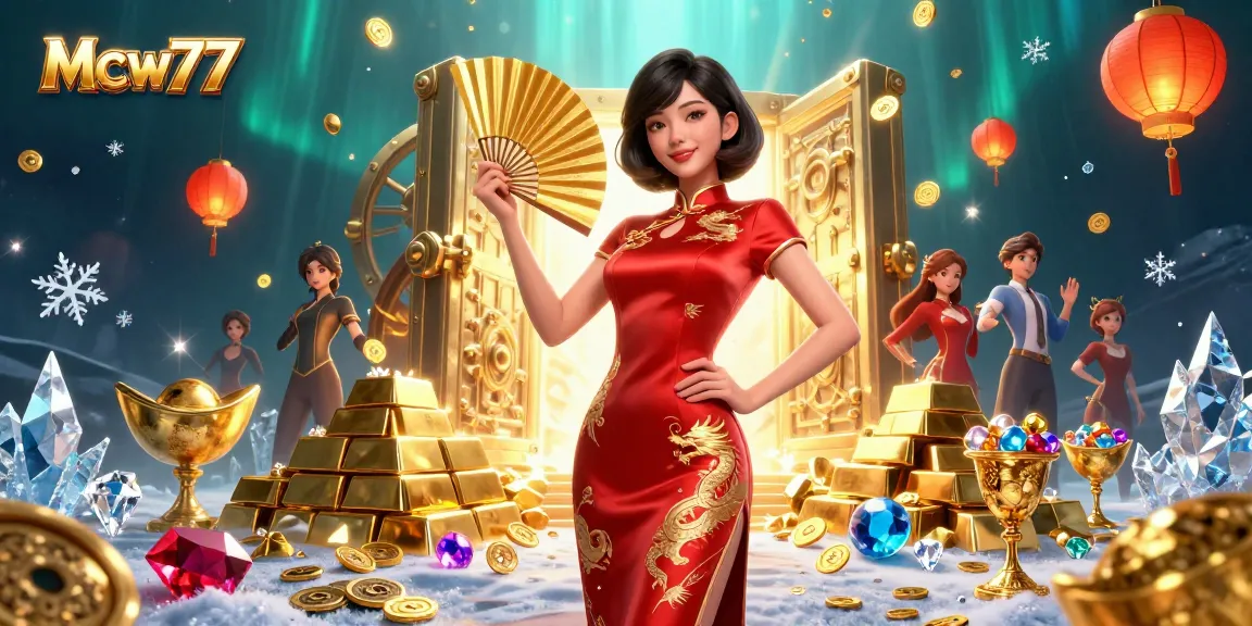 Experience thrilling betting at Mcw77 with a photorealistic Asian woman amid gold coins and vibrant casino elements.
