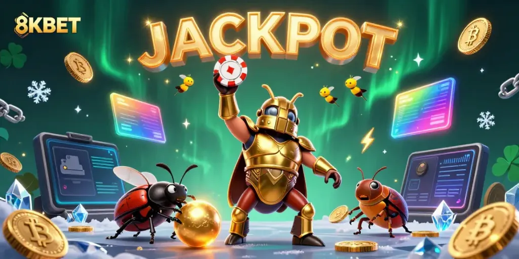 Join the thrill at 8KBET with colorful characters and vibrant casino elements celebrating a jackpot.