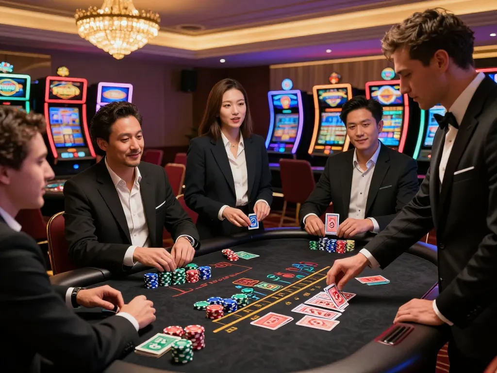 Players at 27G Casino engaged in an intense blackjack game, dealers revealing cards amidst vibrant casino lights.