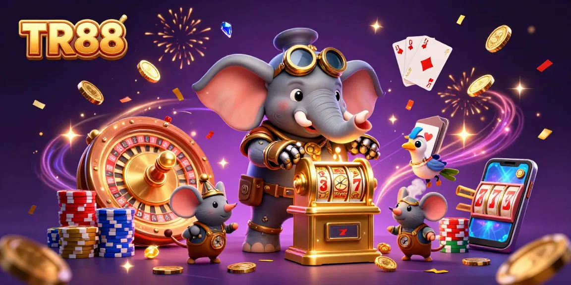 TR88 embodies excitement with a steampunk elephant engineer at a golden slot machine, surrounded by dazzling casino elements.