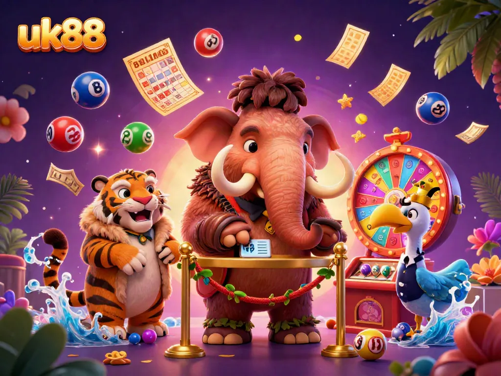 uk88 presents an exciting casino scene with a mammoth bouncer, saber-tooth VIP, and colorful lottery elements.