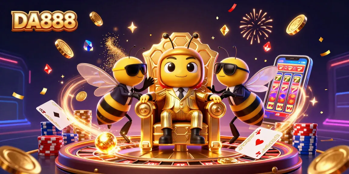 Experience the thrill of DA888 with a vibrant 3D casino illustration showcasing a bumblebee mob boss.