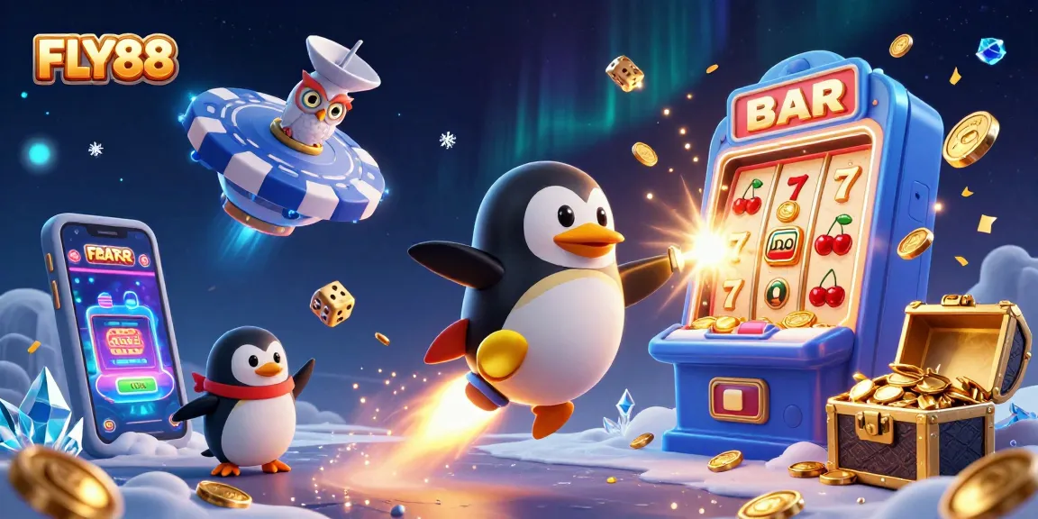 FLY88 features a golden penguin traveling to a casino space station amidst flashing slot machines and lucky symbols.