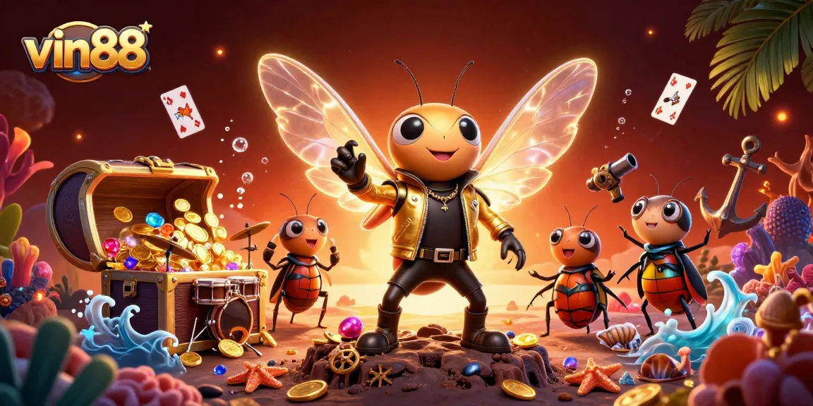 vin88's vibrant casino scene featuring a rock star cicada, beetle drummer, and lively game elements.