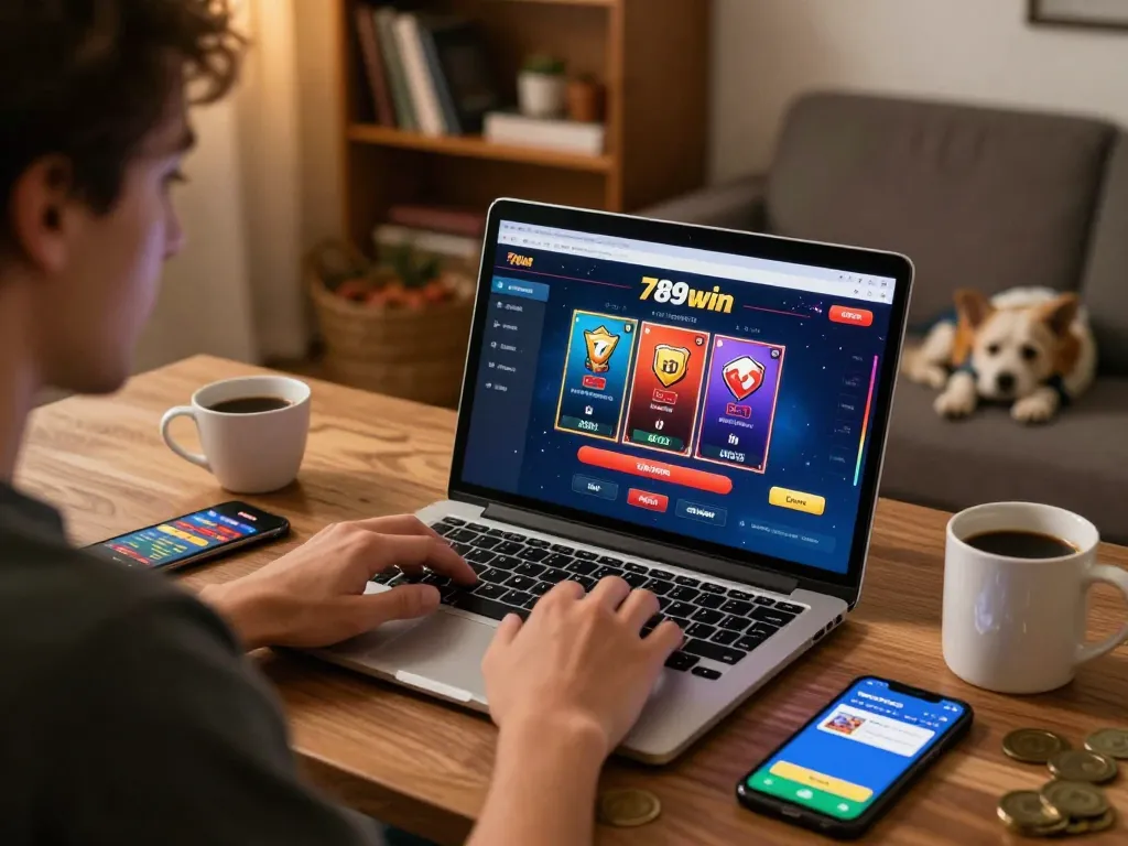 Engaging in a 789win online poker game while enjoying a cozy home atmosphere.