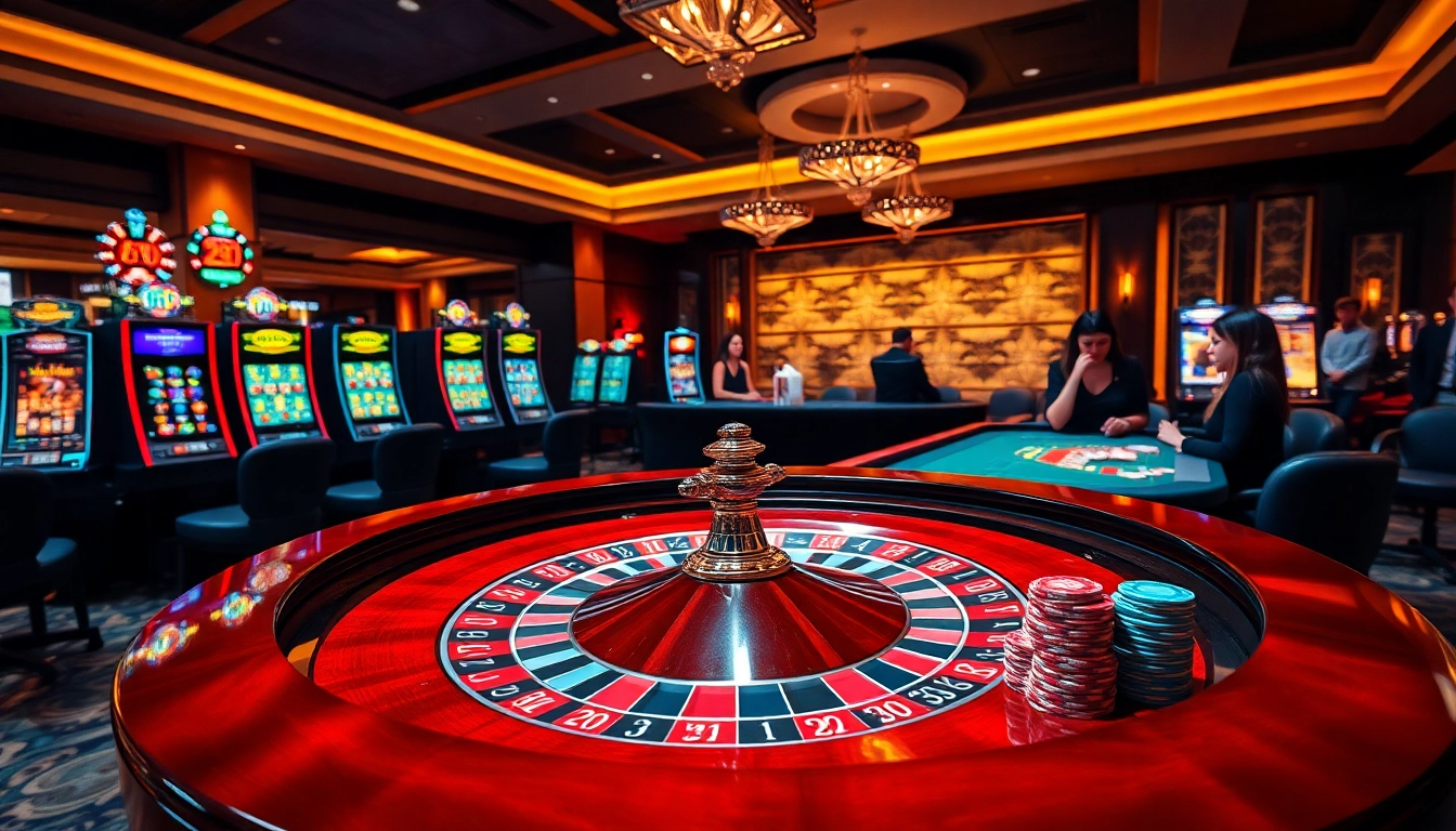 Experience the excitement of ทางเข้า soibet ล่าสุด with a luxurious casino atmosphere featuring roulette and slot machines.