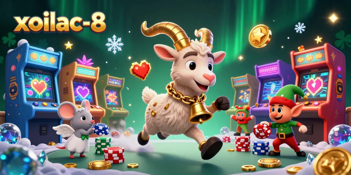 Xoilac-8 casino gaming scene with Krampus, angel mouse, and gremlins in a rich and festive atmosphere.
