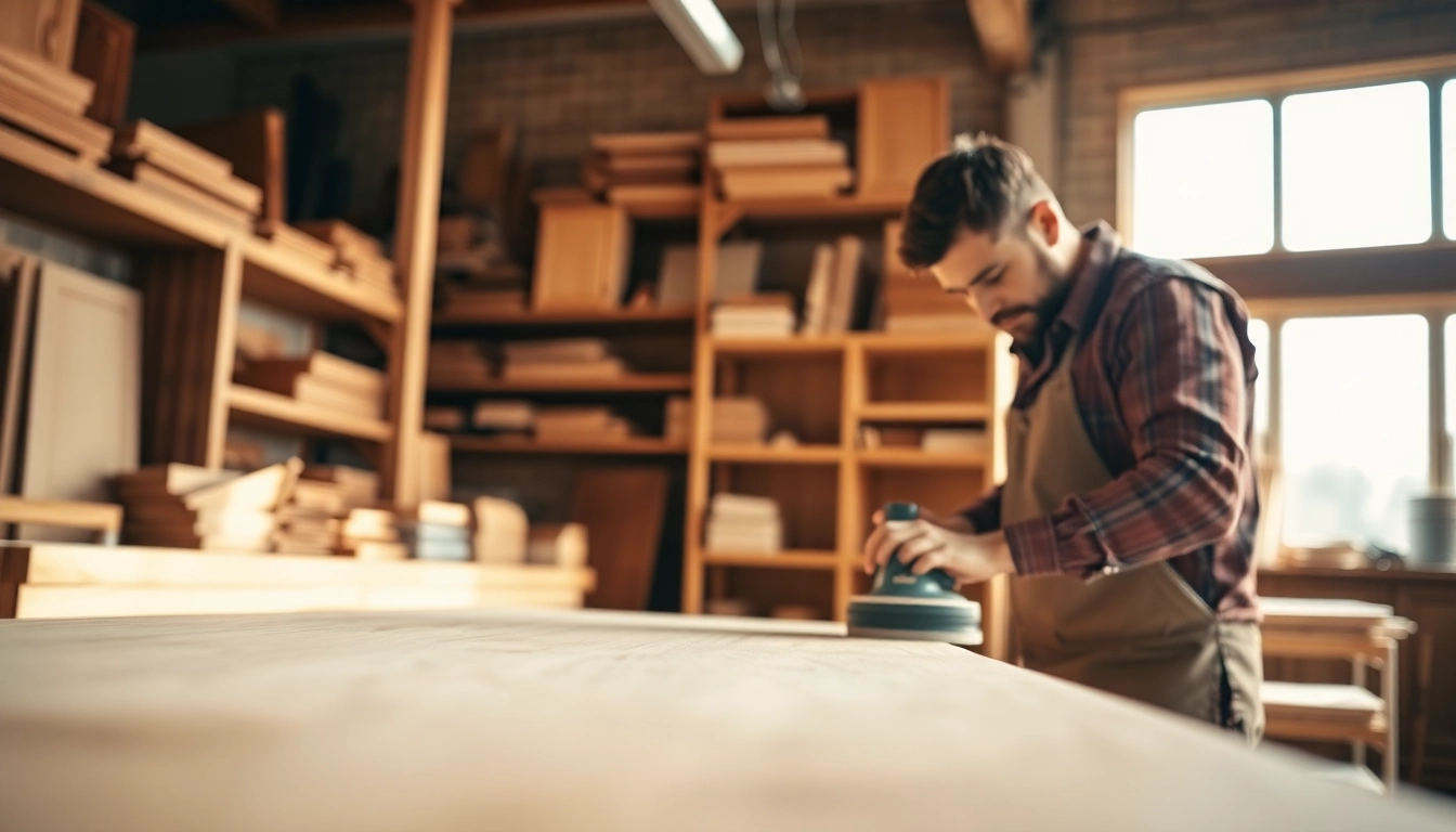 Custom cabinetry artisan crafting elegant wooden cabinets in a well-lit workshop.
