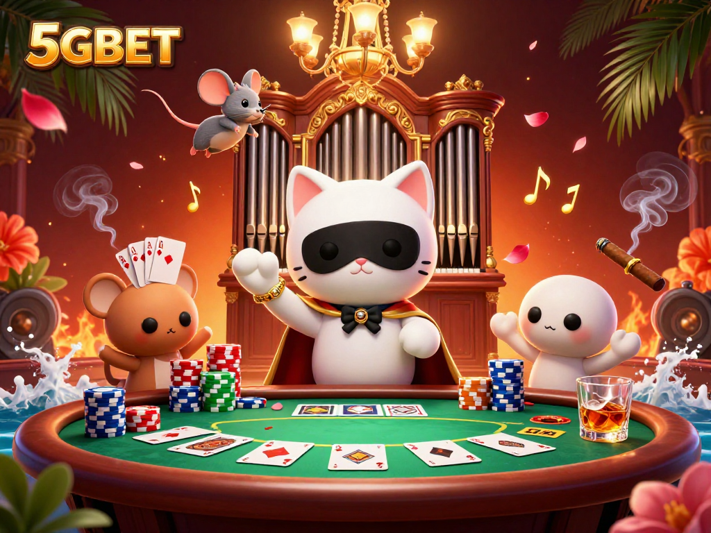 Join 5GBET in an enchanting casino scene featuring a cat in a half-mask and poker excitement.