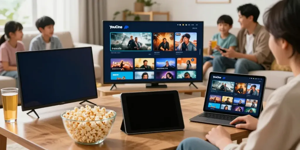 Família assistindo a filmes com o Baixar o APK do Youcine em casa, em um ambiente aconchegante.