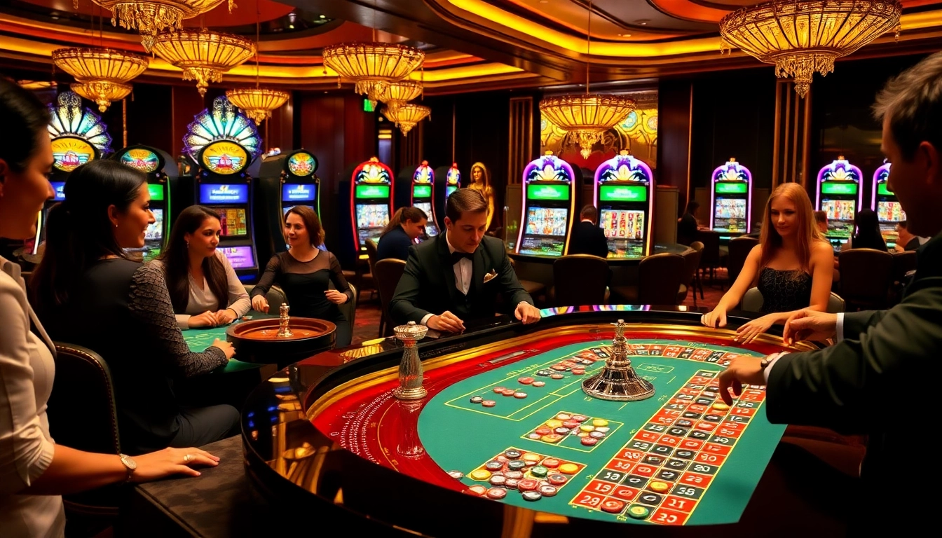 Players enjoying a thrilling game at a luxurious rigbet casino, with roulette and vibrant chips.