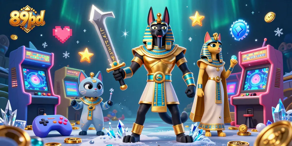 Experience the excitement of 89bd with Anubis and Bastet surrounded by vibrant gaming elements.