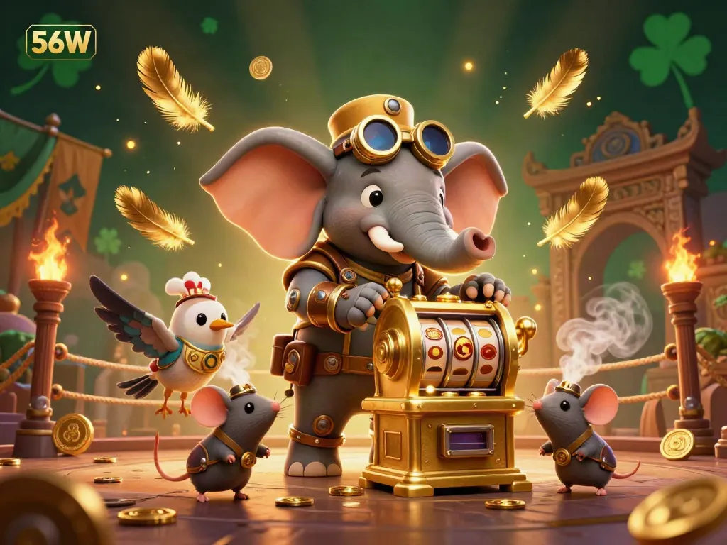 Experience the thrilling 56W gambling scene with steampunk characters operating a vibrant slot machine.