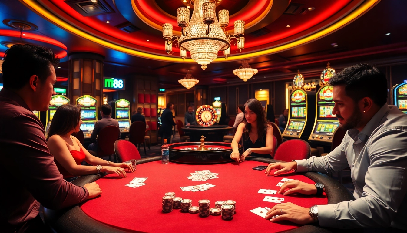 Players engaging in thrilling poker games at MM88 casino with vibrant atmosphere and luxury.