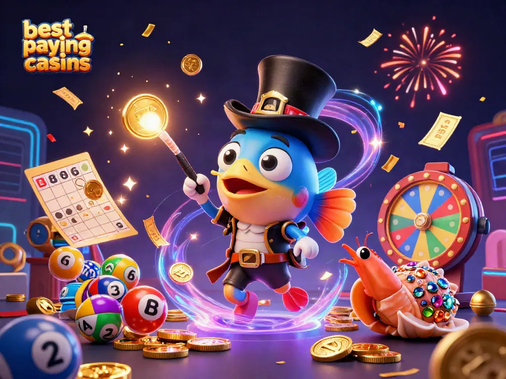Engaging scene showcasing best paying online casinos with cartoon fish, shrimp, and snail attracting golden coins amidst lottery elements.