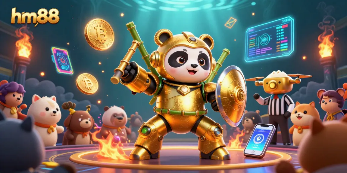 Bet at hm88 and win big with vibrant animation of golden panda battling at a casino game.