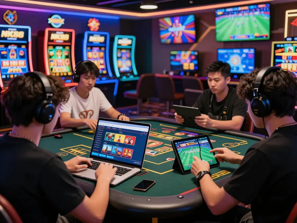 Engaged players on the NK88 platform enjoying various online betting activities in a vibrant gaming environment.