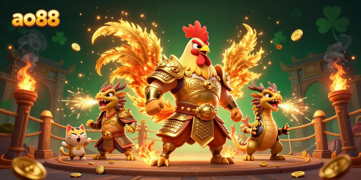 Engage with captivating ao88 graphics of a fierce rooster warrior and dragon hatchling in an energetic casino setting.