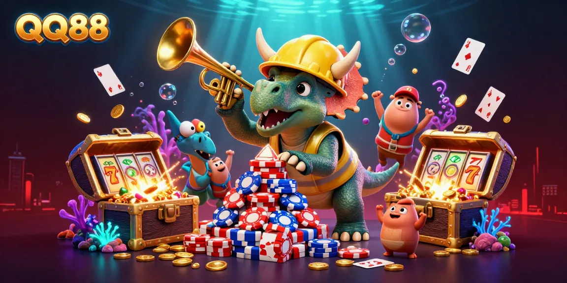 Engaging QQ88 triceratops builds a poker chip pyramid in a vibrant casino scene.