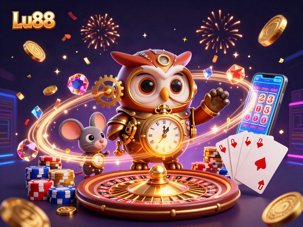 Win big with Lu88 in a vibrant casino scene featuring a steampunk owl and festive elements