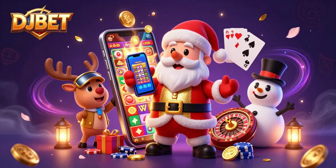 Experience the thrill of DJBET with a festive 3D casino illustration showcasing vibrant jackpots and fun characters.