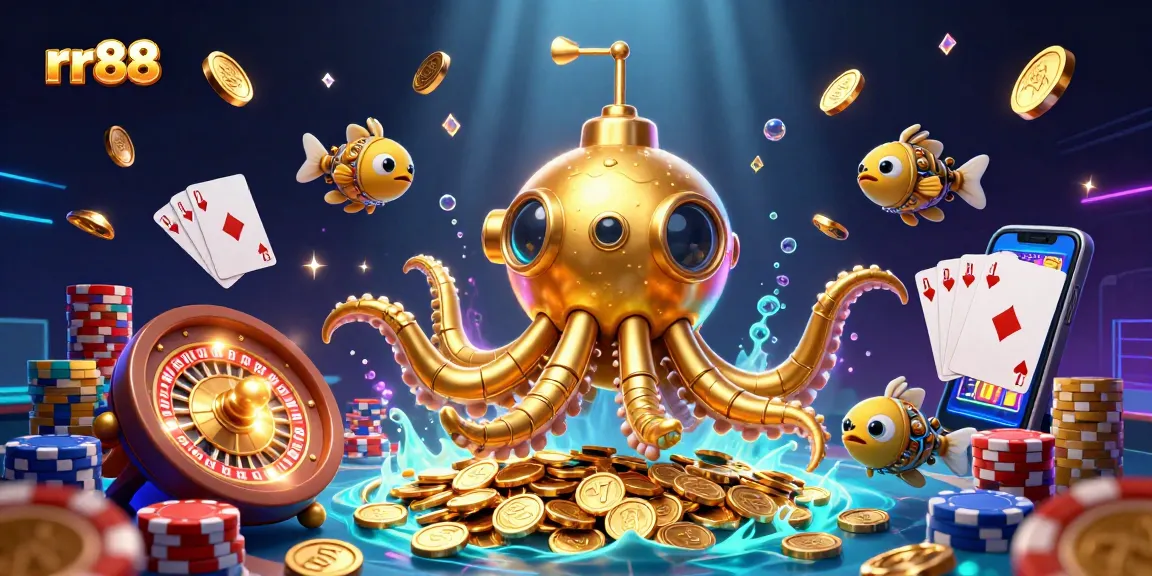 rr88 delivers thrilling winnings as a golden kraken submarine emerges through coins and gems