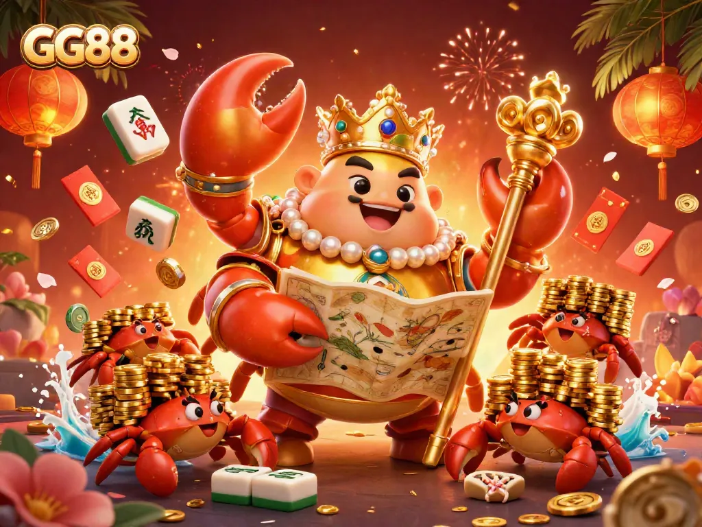 GG88 showcases a golden crab emperor in a vibrant casino scene filled with gaming elements.