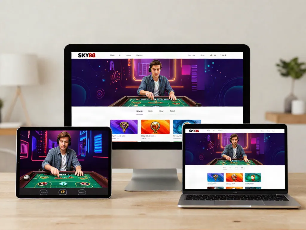 Interactive SKY88 gaming platform showcased on smartphone, tablet, and laptop in a modern home.