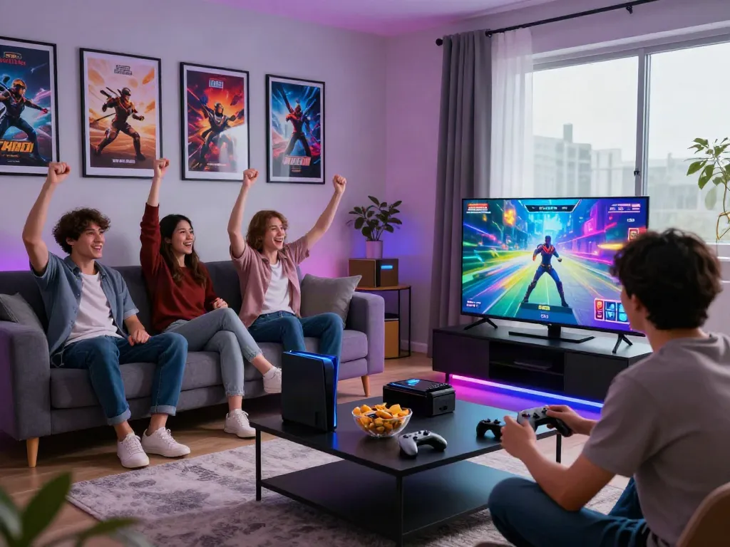 Engaging gaming experience with players enjoying nbet in a lively living room.
