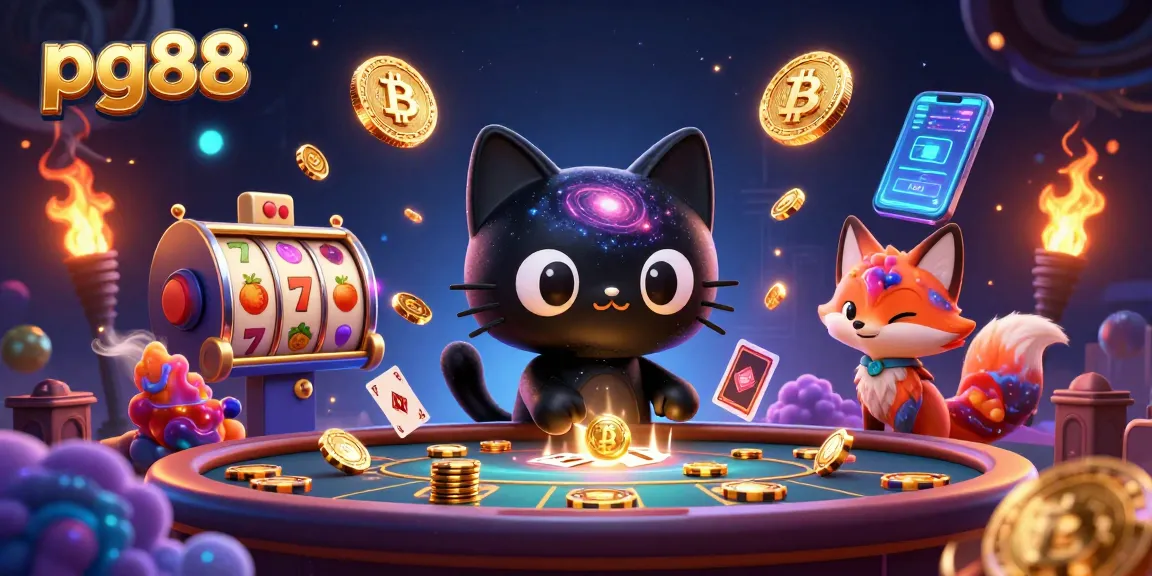 Engage with pg88 immersive gaming; a cartoon black hole cat and fox attract golden chips in a cosmic casino.
