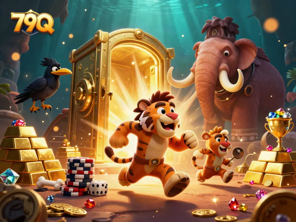 Experience excitement at the 79Q casino with unique characters amidst treasure and gambling elements.