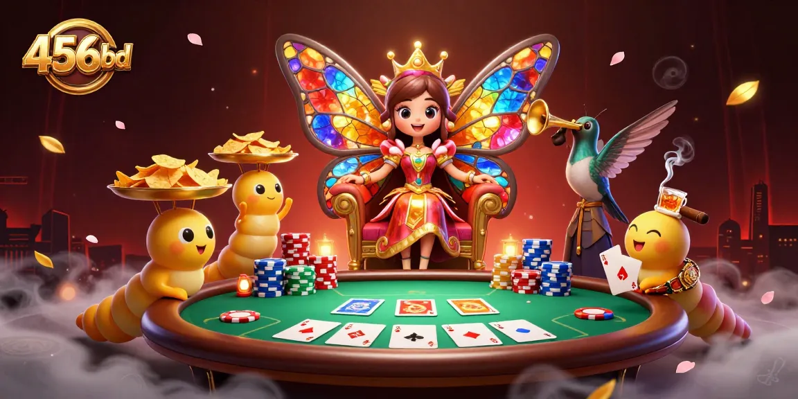 Engage with 456bd's vibrant poker world featuring a butterfly queen amidst dynamic gaming elements.