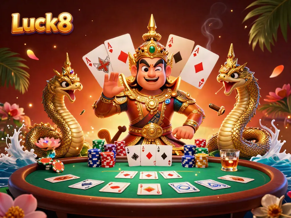 Engage in thrilling poker at Luck8 with vibrant 3D guardians, chips, and flaring casino atmosphere.