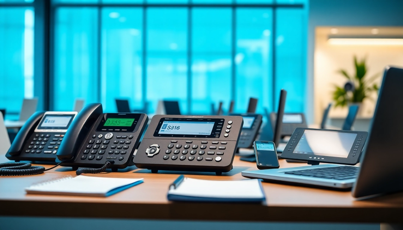 Showcasing various business phone systems as key communication tools in an office environment.