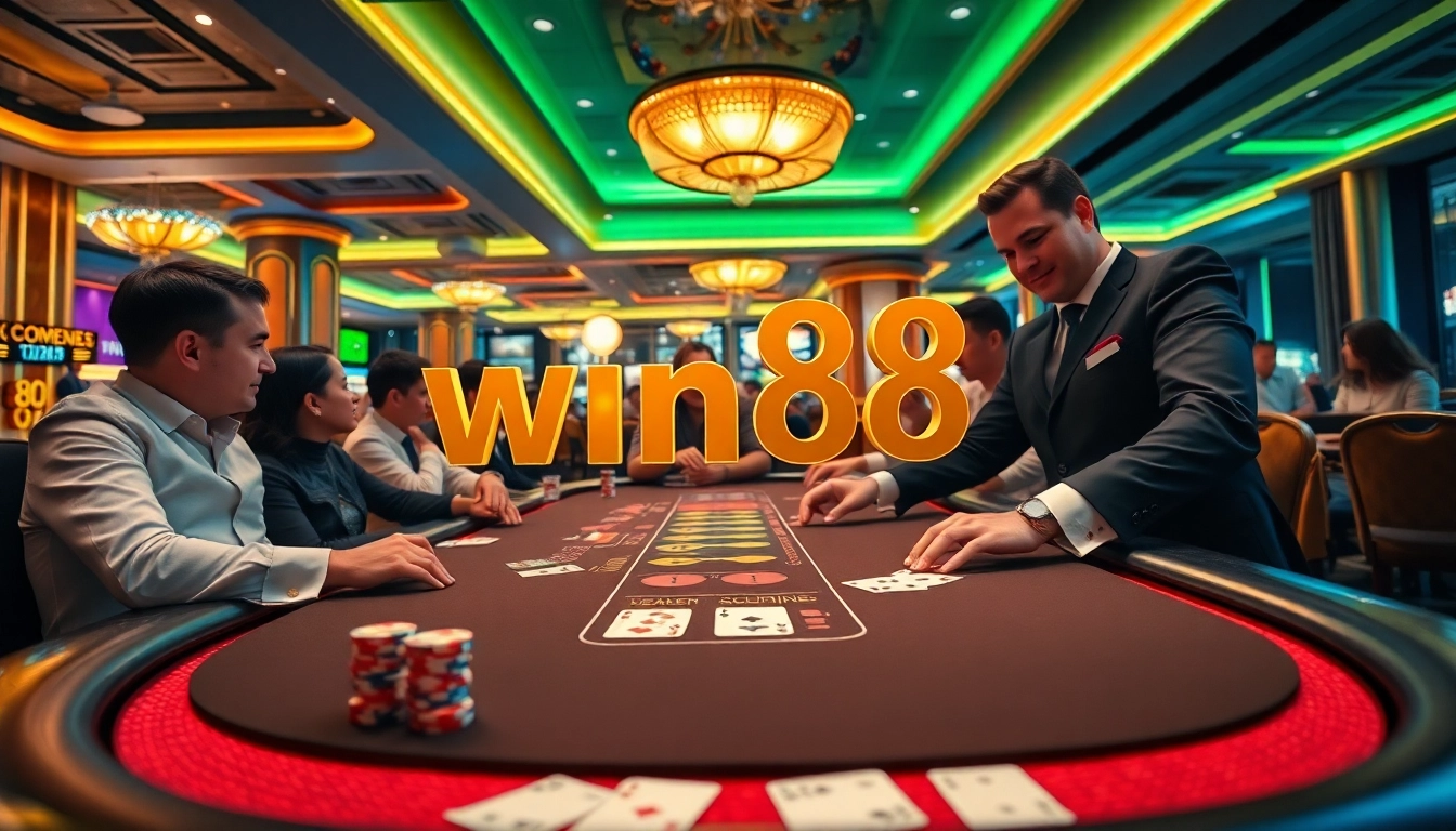 Players enjoying an exciting game at the win88 casino blackjack table filled with poker chips and cards.