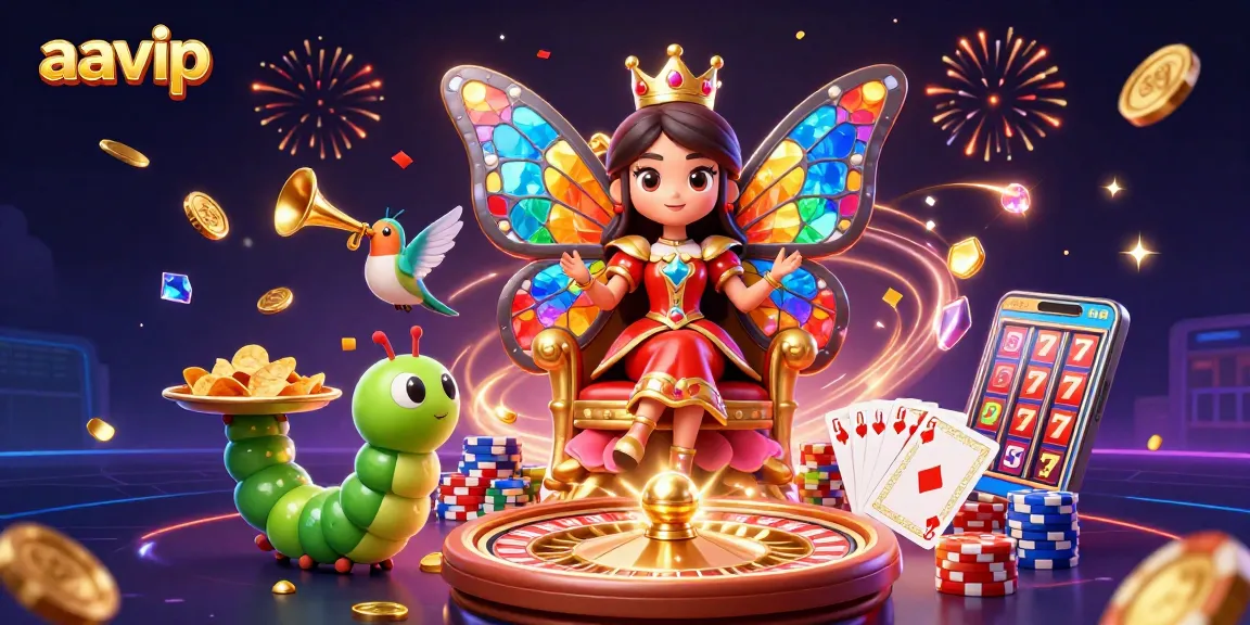 Aavip offers engaging slots with a vibrant 3D illustration of a butterfly queen amidst colorful casino elements.