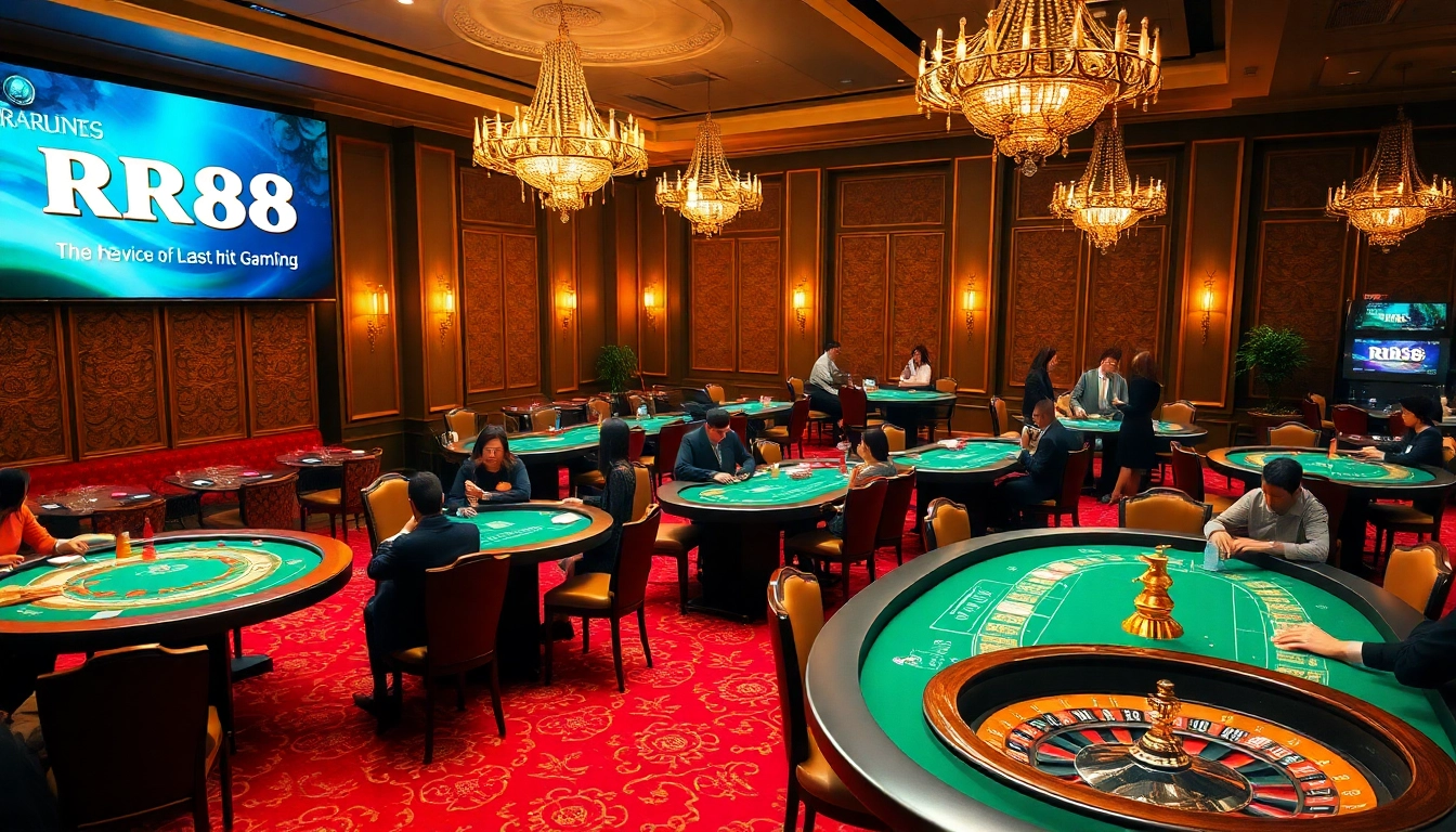 Players enjoy thrilling casino games at RR88, showcasing luxurious tables and vibrant chips in action.
