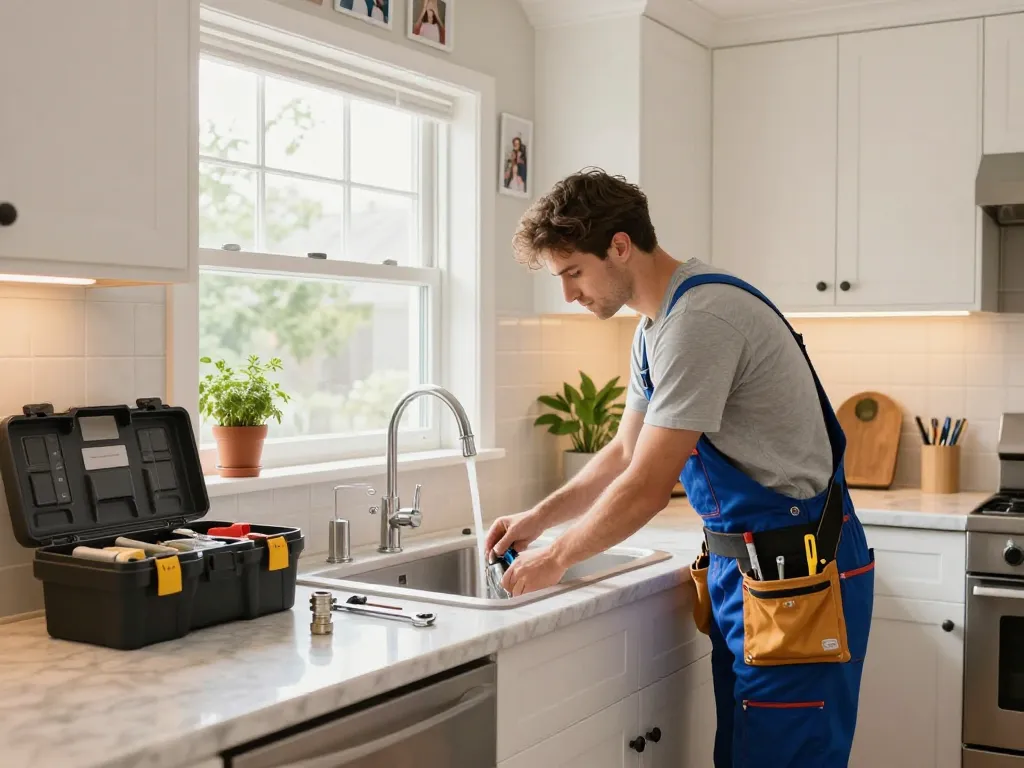 Encanador installing a modern kitchen sink with tools on the counter in a stylish home.