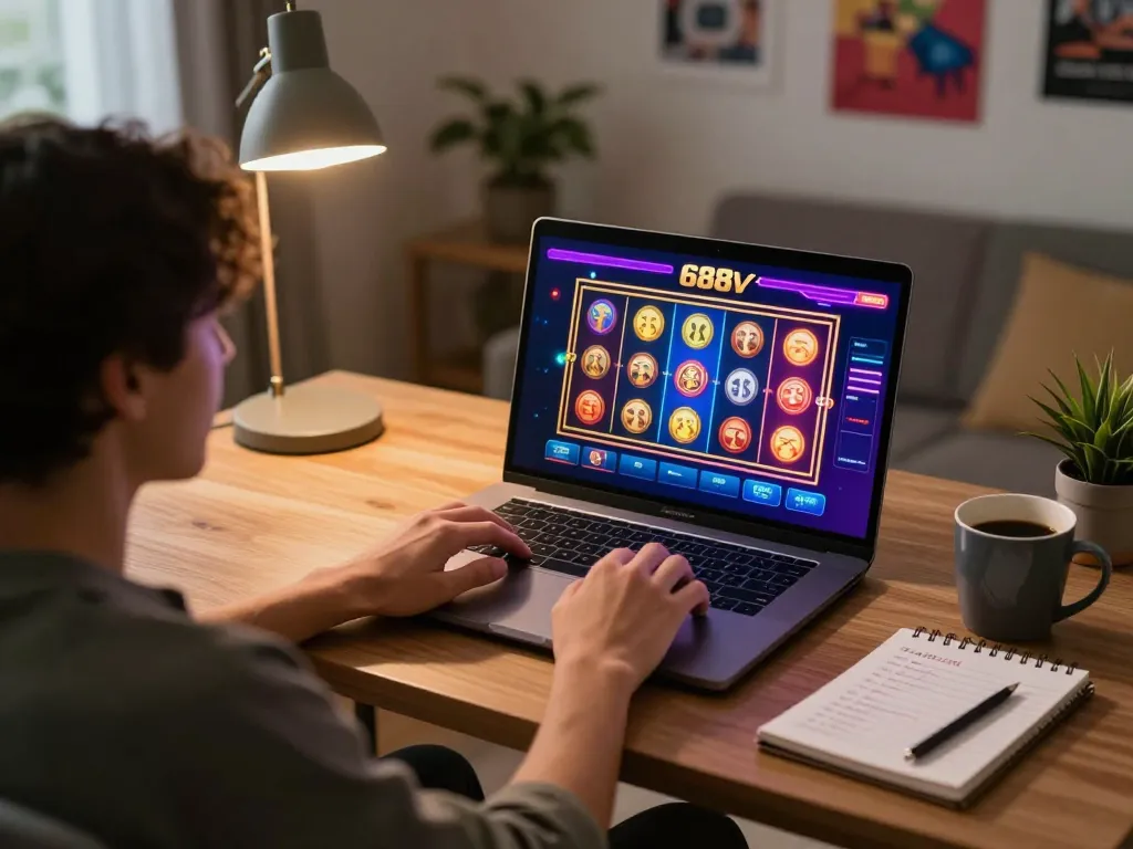 Engaging gameplay at 688v online casino with colorful slot interface and comfortable home setup.