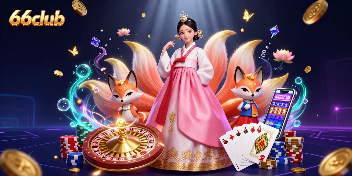 Experience the thrill of winning at 66club with an Asian woman in a luxurious hanbok surrounded by gaming symbols.
