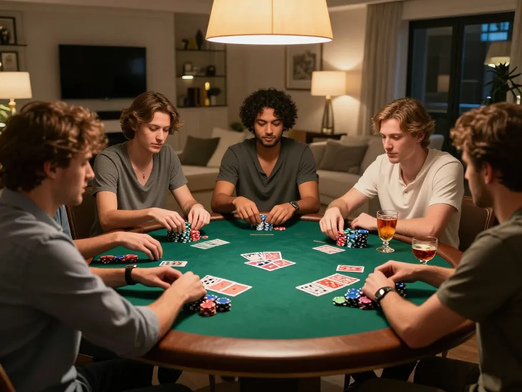 Friends enjoying a competitive poker night at home, showcasing rich gameplay and camaraderie while using rikvip.
