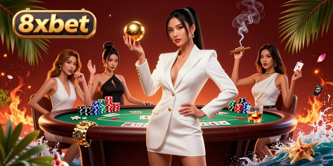 Experience thrilling games at 8xbet with a stunning casino atmosphere highlighted by a confident woman holding a roulette ball.