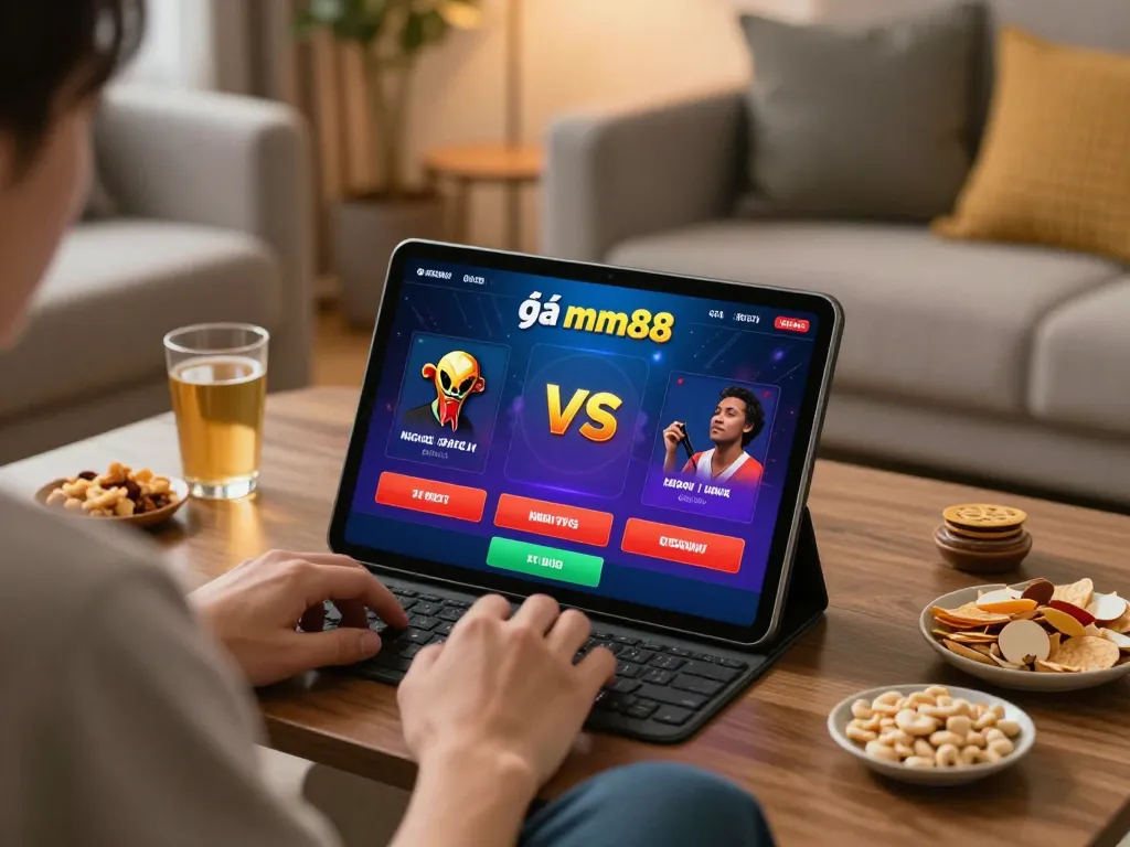 Betting on đá gà mm88 in a cozy home environment with a tablet screen showing live matches