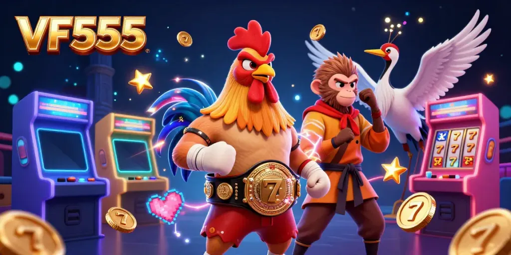 Engage with VF555's thrilling gaming scene featuring a Muay Thai rooster, a martial artist monkey, and a wise crane.